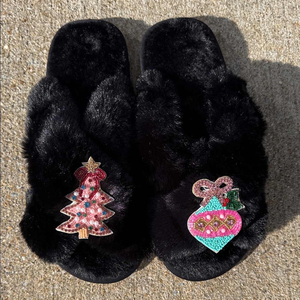 Festive Black Furry Slippers with Holiday Decorations - Size 8 - NWOT